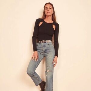 Reformation Basilica Cashmere Sweater- Black Cutout Long Sleeve Top